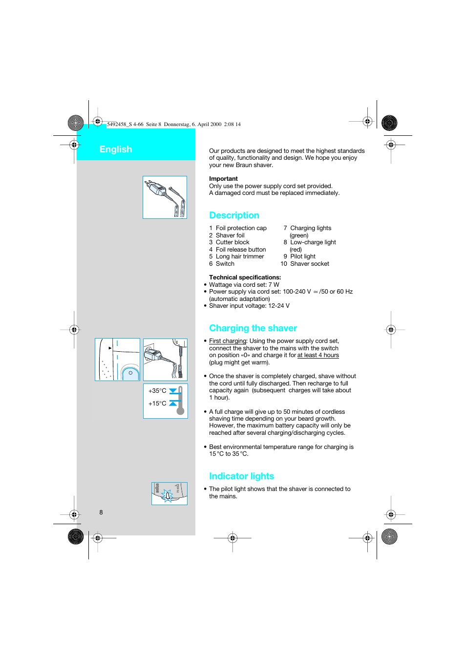 English, Description, Charging the shaver | Indicator lights | Braun 7540 Syncro User Manual | Page 8 / 63