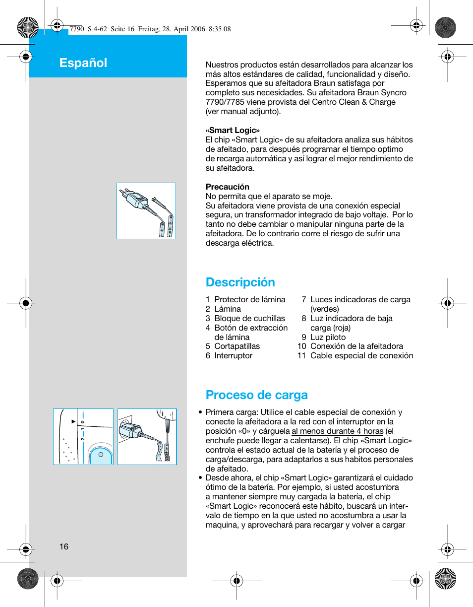 Descripción, Proceso de carga, Español | Braun 7790 SyncroPro User Manual | Page 16 / 60