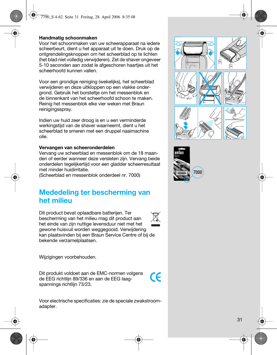 Mededeling ter bescherming van het milieu | Braun 7790 SyncroPro User Manual | Page 31 / 60