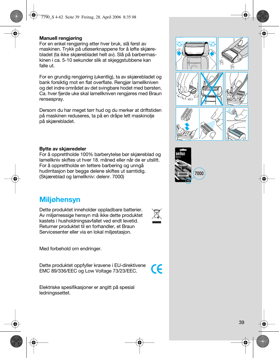 Miljøhensyn | Braun 7790 SyncroPro User Manual | Page 39 / 60