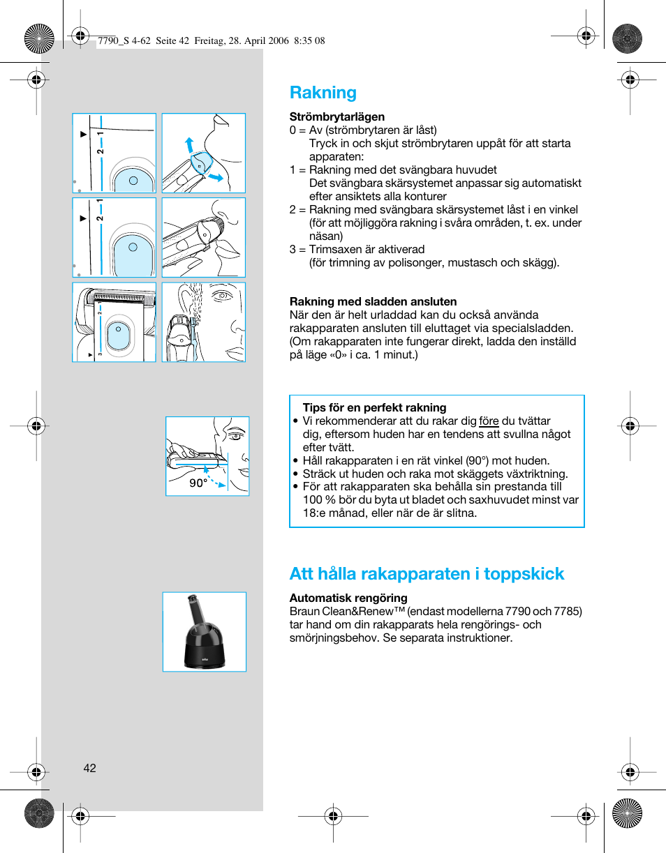 Rakning, Att hålla rakapparaten i toppskick | Braun 7790 SyncroPro User Manual | Page 42 / 60