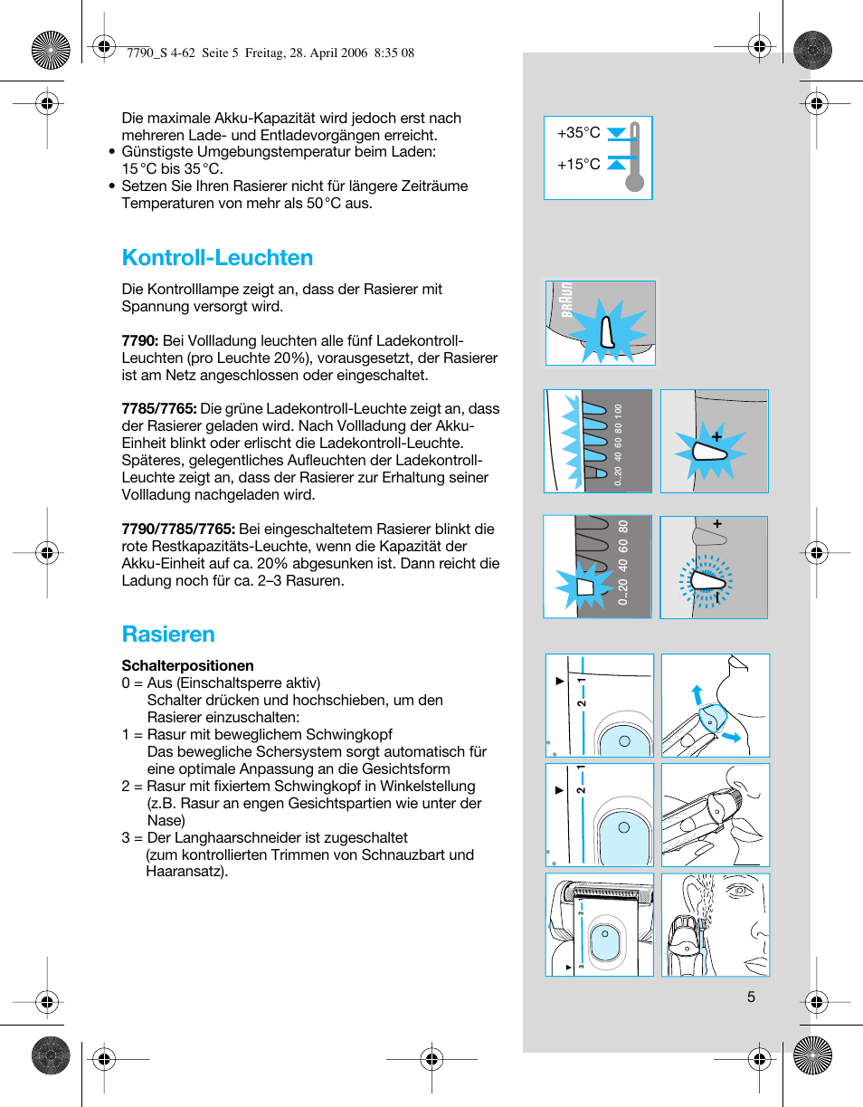 Kontroll-leuchten, Rasieren | Braun 7790 SyncroPro User Manual | Page 5 / 60