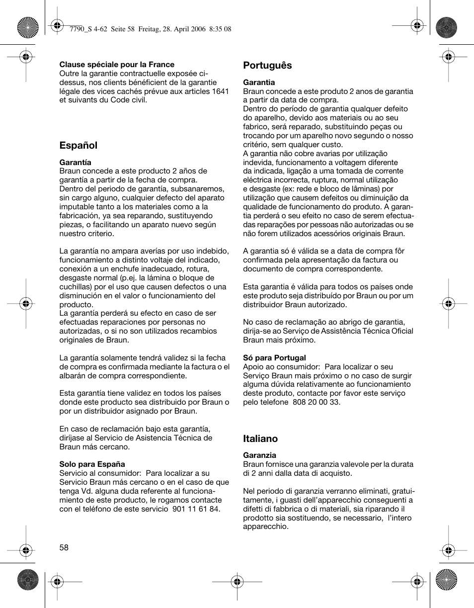 Braun 7790 SyncroPro User Manual | Page 58 / 60