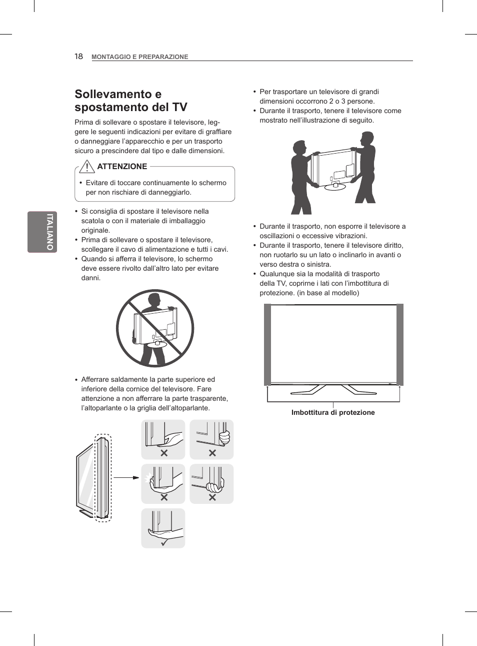 Sollevamento e spostamento del tv | LG 55LM960V User Manual | Page 108 / 262