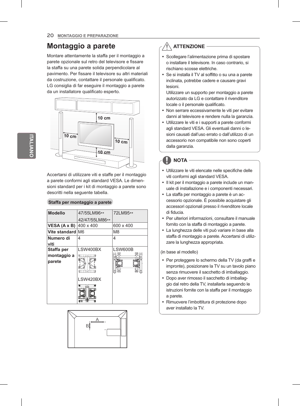 Montaggio a parete | LG 55LM960V User Manual | Page 110 / 262