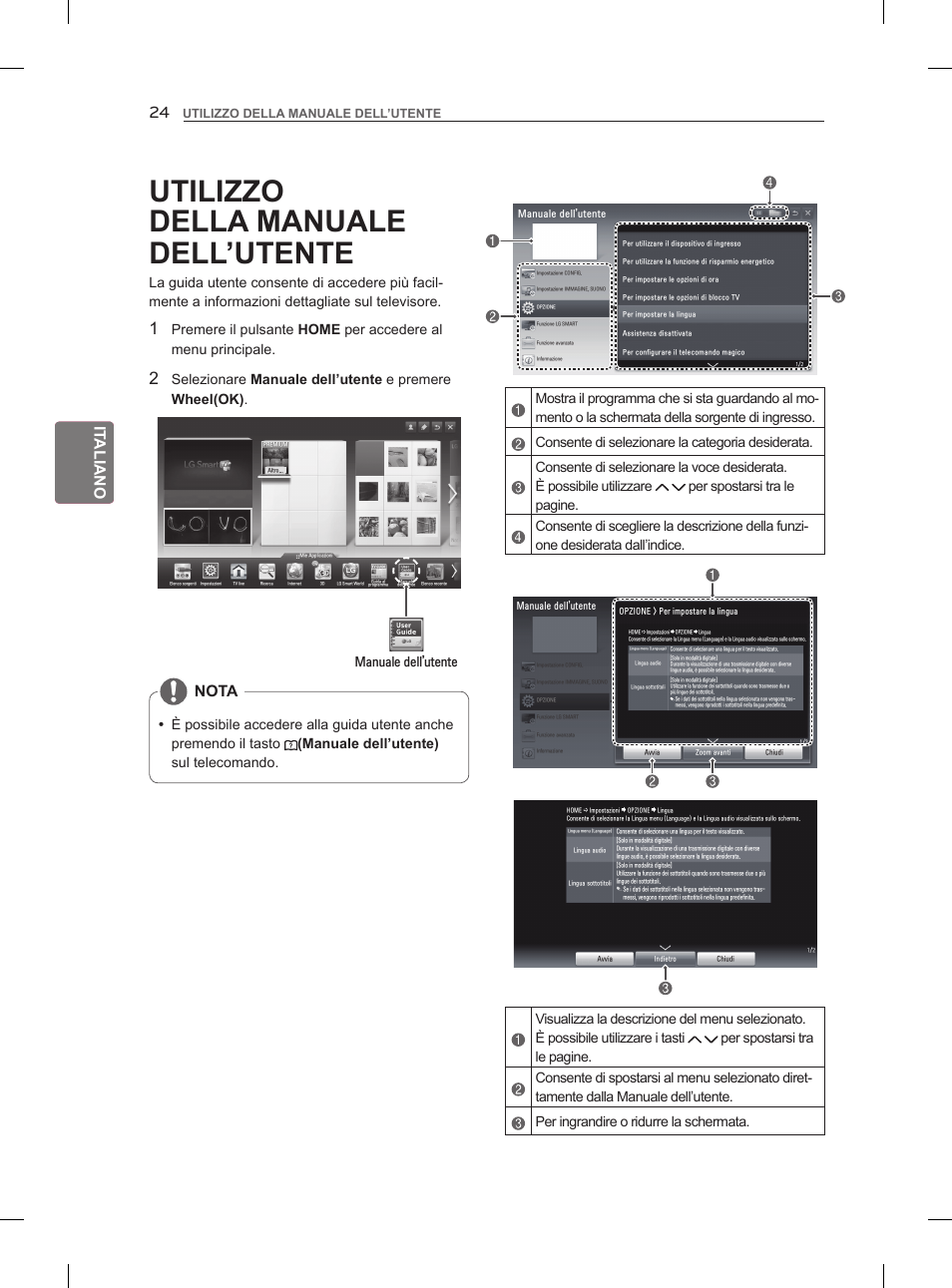 Utilizzo, Della manuale dell’utente, It aliano | Nota, Manuale dell’utente | LG 55LM960V User Manual | Page 114 / 262