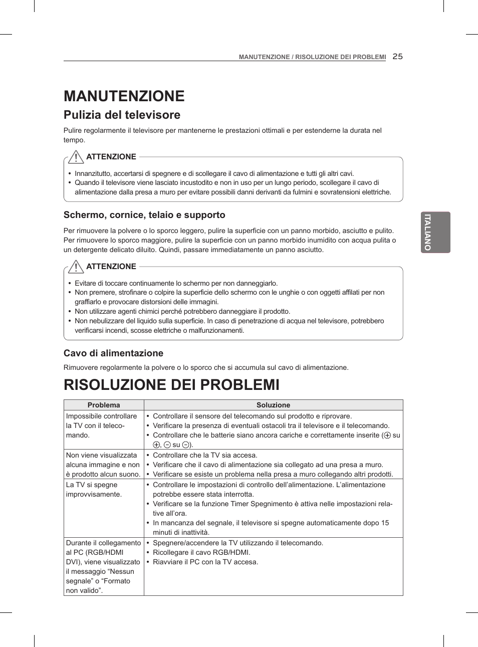 Risoluzione dei problemi, Manutenzione, Pulizia del televisore | LG 55LM960V User Manual | Page 115 / 262