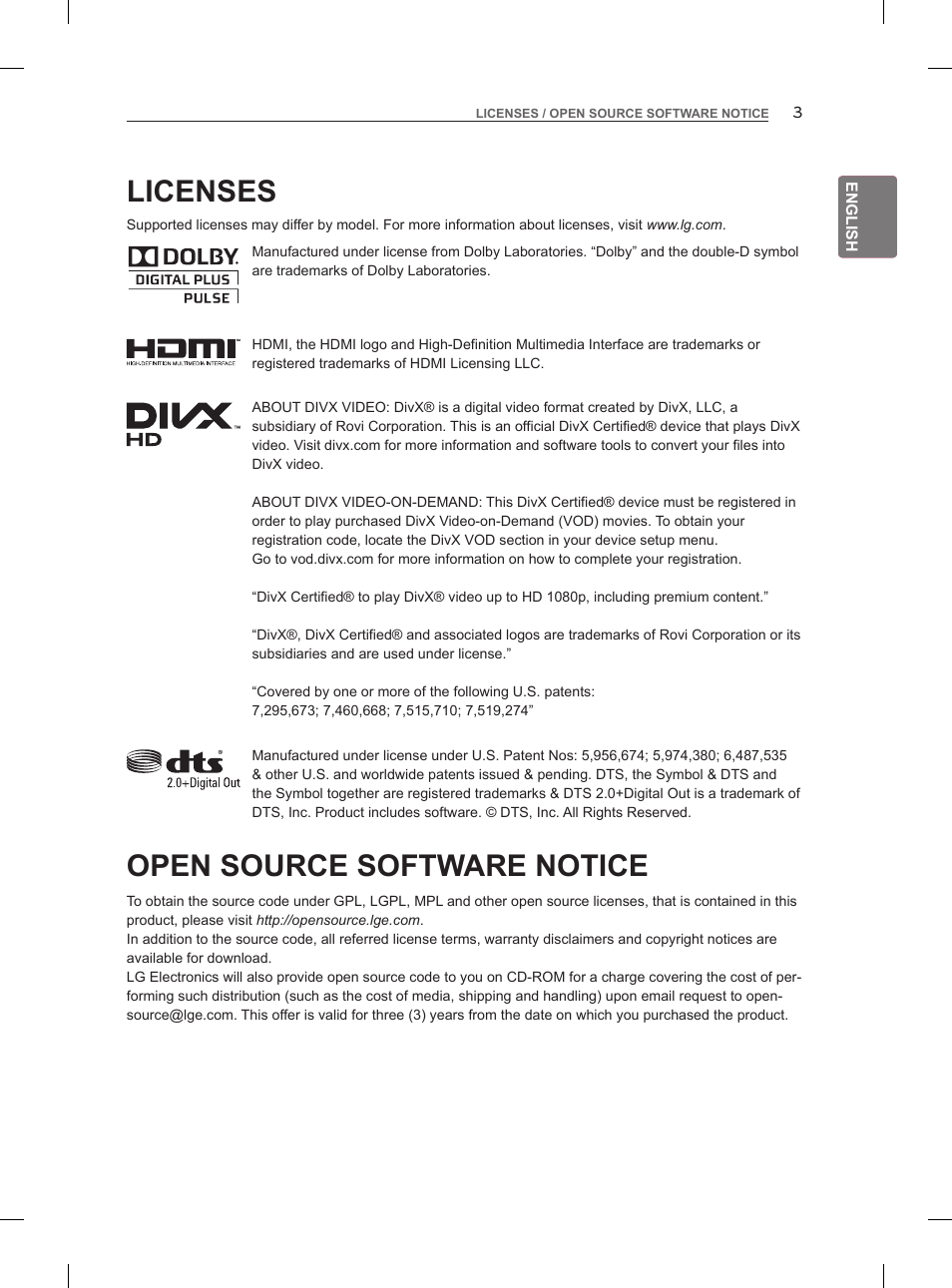 Licenses, Open source software notice | LG 55LM960V User Manual | Page 13 / 262