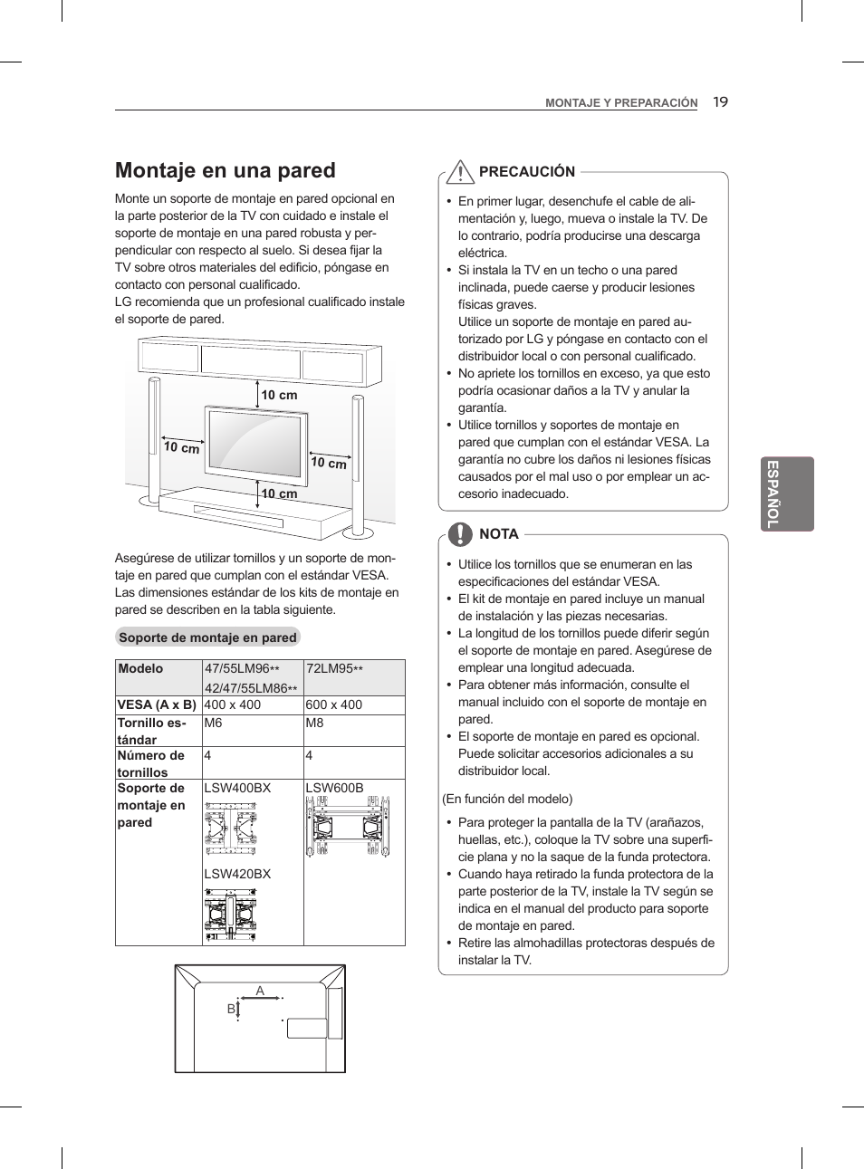 Montaje en una pared | LG 55LM960V User Manual | Page 141 / 262