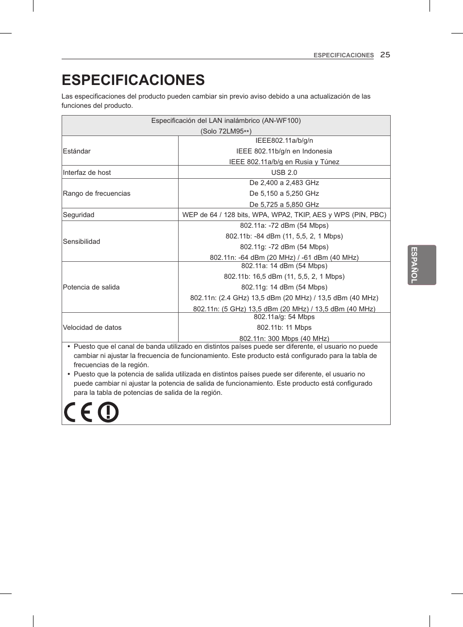 Especificaciones | LG 55LM960V User Manual | Page 147 / 262