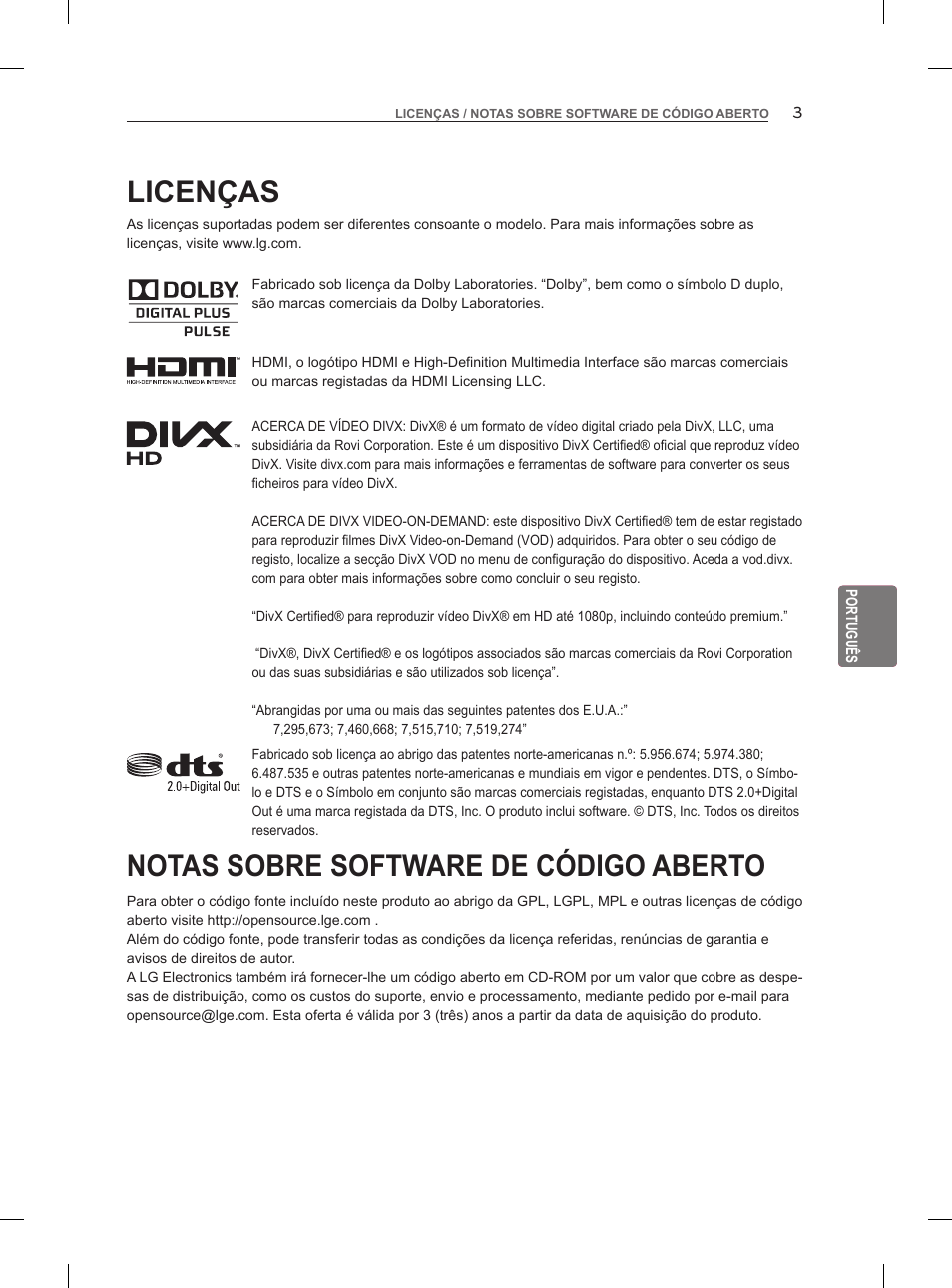 Licenças, Notas sobre software de código aberto | LG 55LM960V User Manual | Page 151 / 262