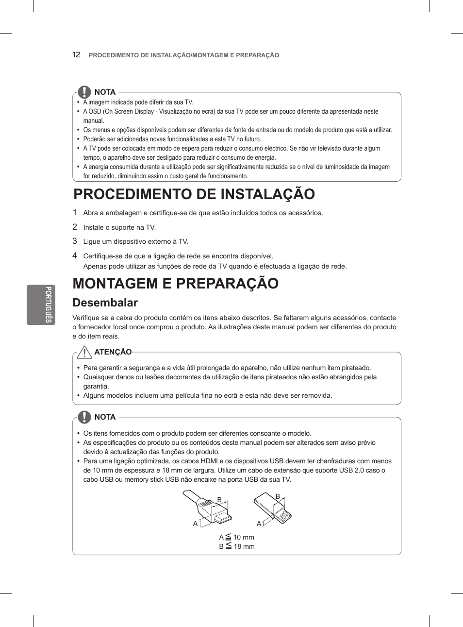 Procedimento de instalação, Montagem e preparação, Desembalar | LG 55LM960V User Manual | Page 160 / 262