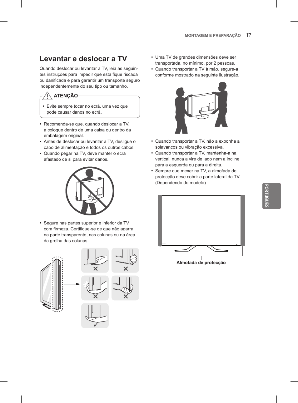 Levantar e deslocar a tv | LG 55LM960V User Manual | Page 165 / 262