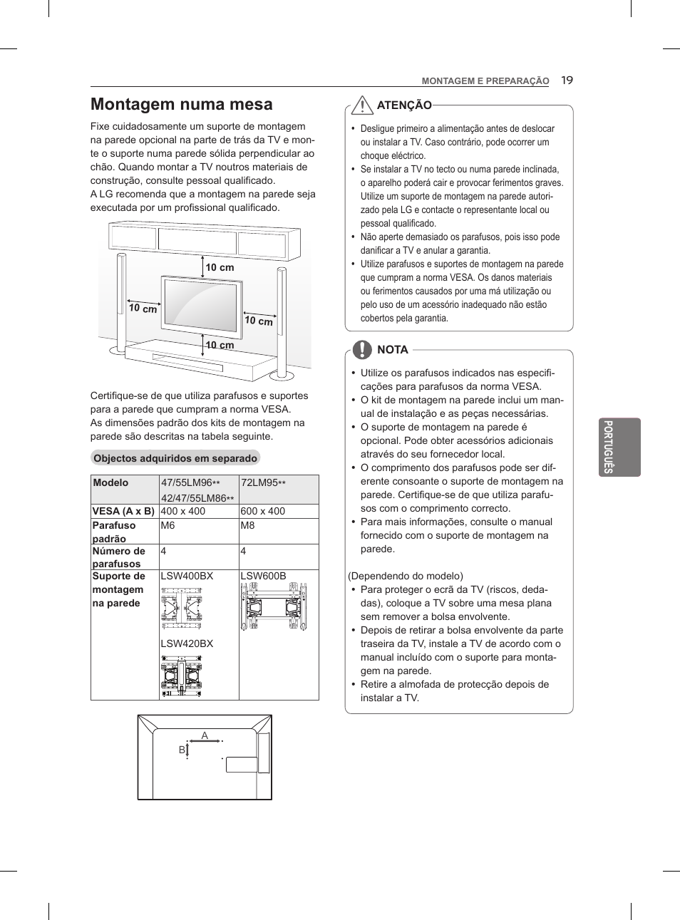 Montagem numa mesa | LG 55LM960V User Manual | Page 167 / 262