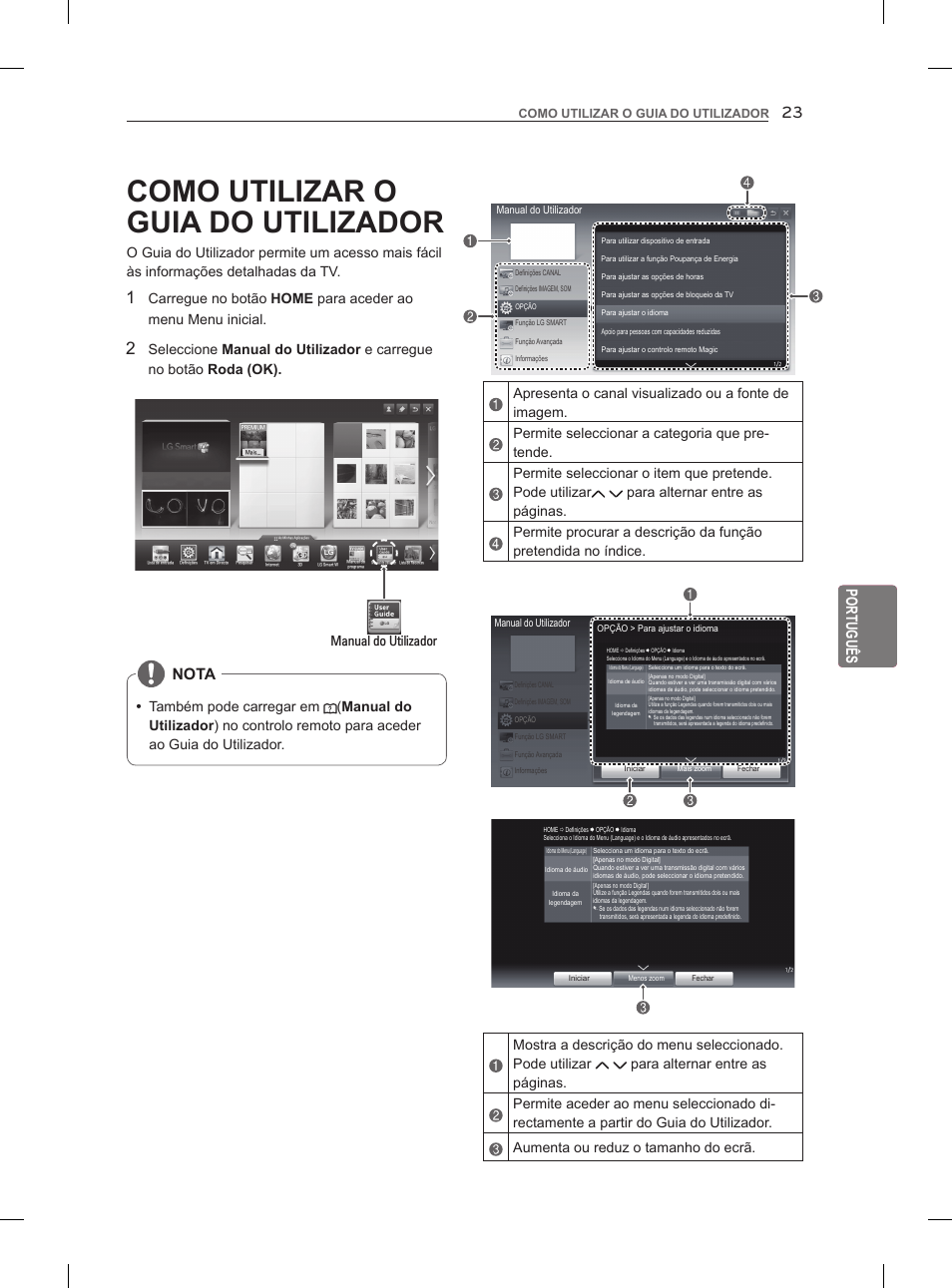 Como utilizar o guia do utilizador, Português, Nota | Manual do utilizador | LG 55LM960V User Manual | Page 171 / 262