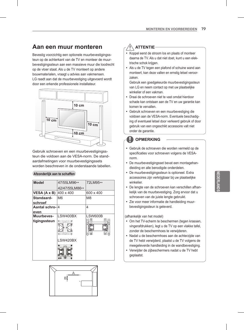 Aan een muur monteren | LG 55LM960V User Manual | Page 193 / 262
