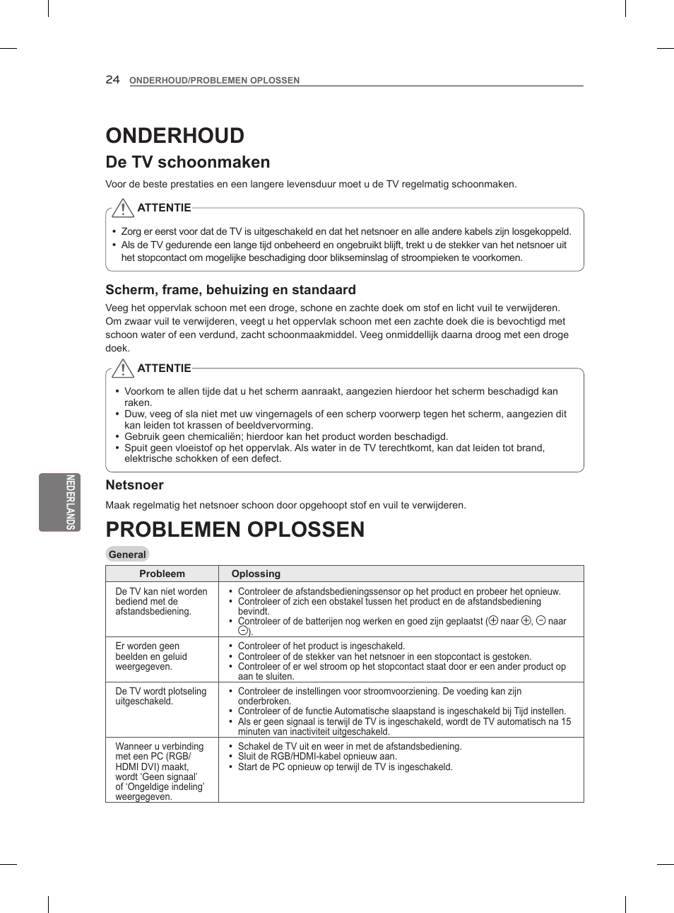 Problemen oplossen, Onderhoud, De tv schoonmaken | LG 55LM960V User Manual | Page 198 / 262