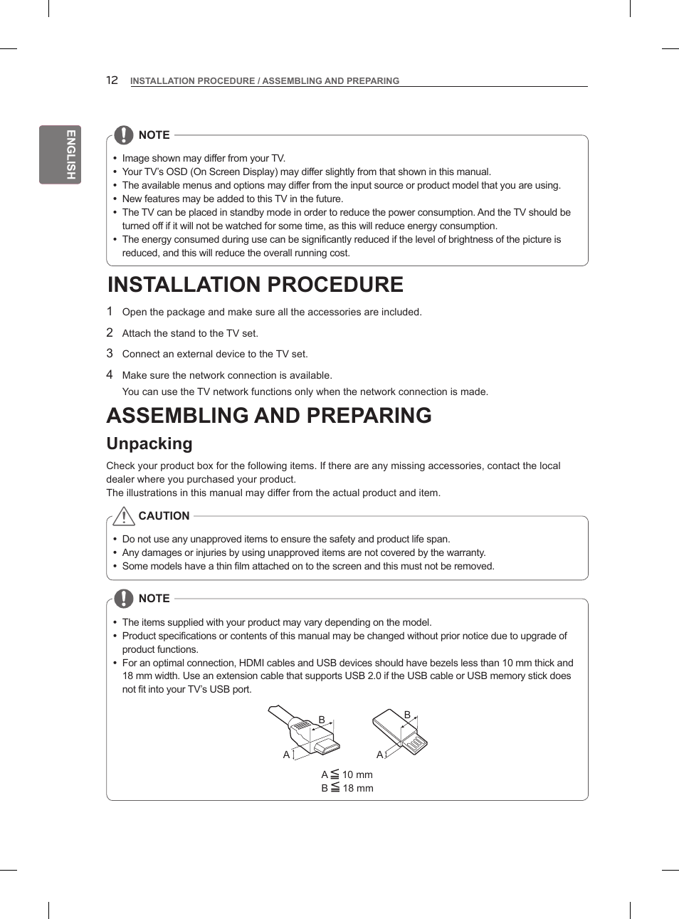 Installation procedure, Assembling and preparing, Unpacking | LG 55LM960V User Manual | Page 22 / 262