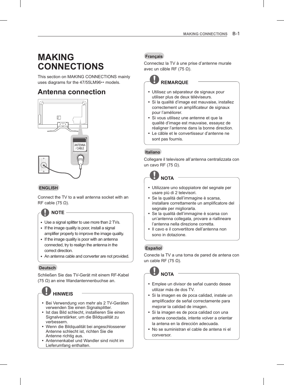 Making connections, Antenna connection | LG 55LM960V User Manual | Page 227 / 262