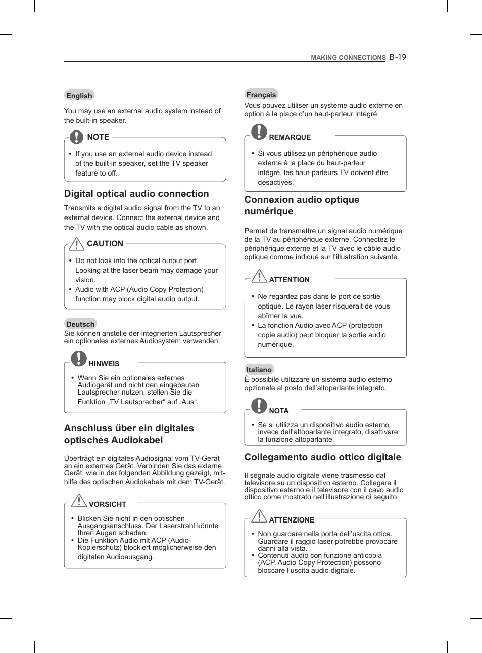 Digital optical audio connection, Anschluss über ein digitales optisches audiokabel, Connexion audio optique numérique | Collegamento audio ottico digitale | LG 55LM960V User Manual | Page 245 / 262