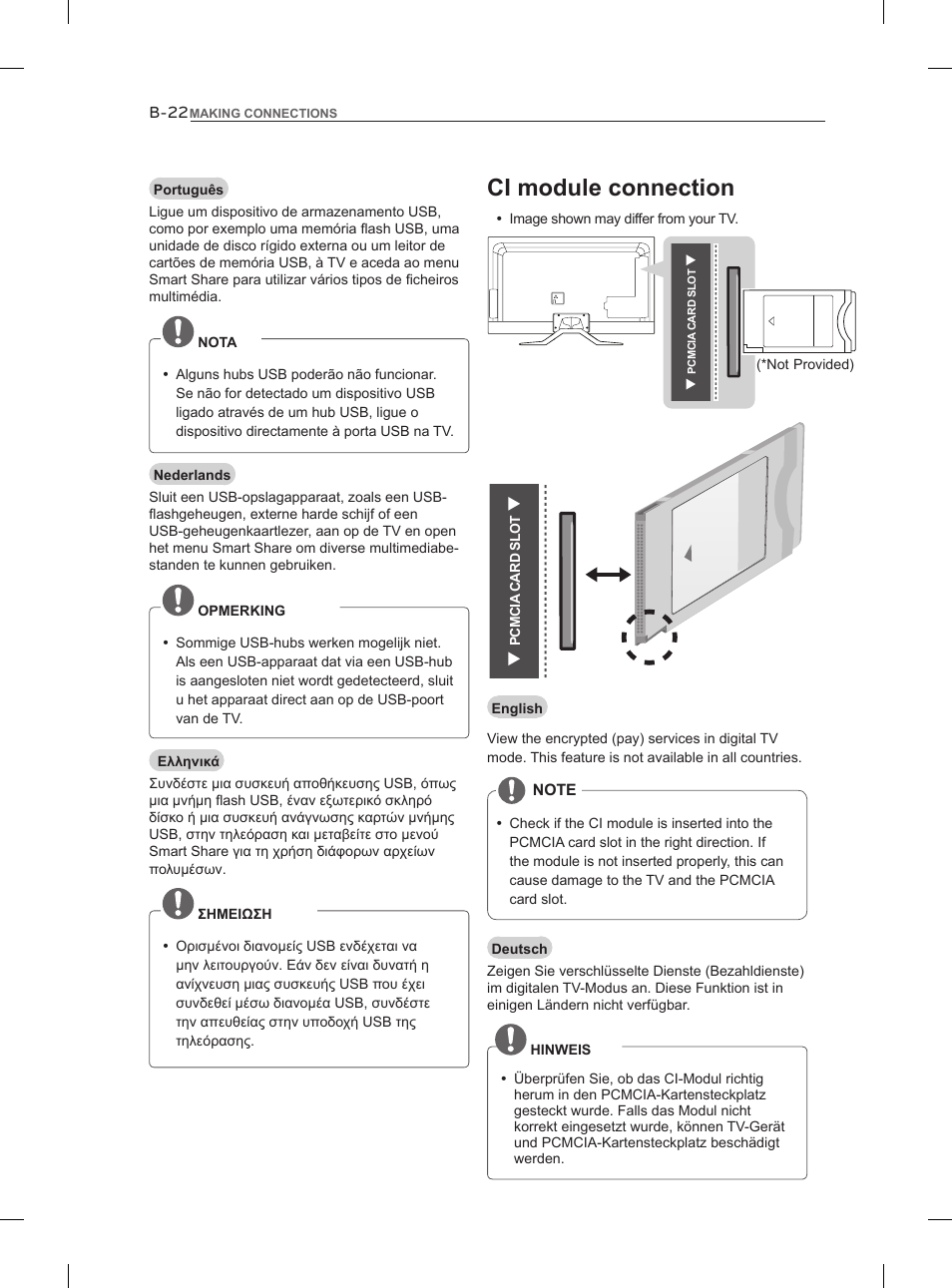 Ci module connection, Lan in, Rgb in/out | Audio in out, D vi in, Hd d in u sb a pp s u sb, Us b in in | LG 55LM960V User Manual | Page 248 / 262