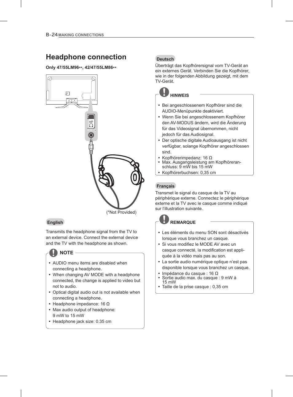 Headphone connection | LG 55LM960V User Manual | Page 250 / 262