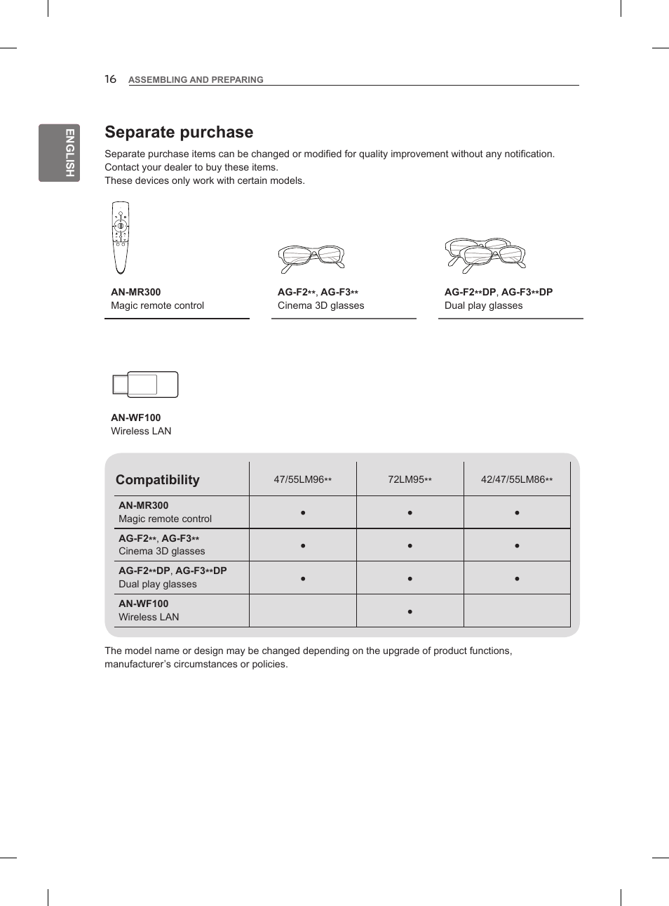 Separate purchase | LG 55LM960V User Manual | Page 26 / 262