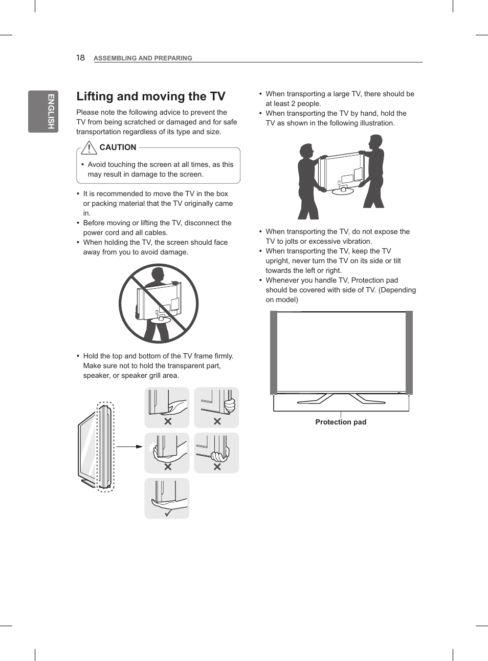 Lifting and moving the tv | LG 55LM960V User Manual | Page 28 / 262