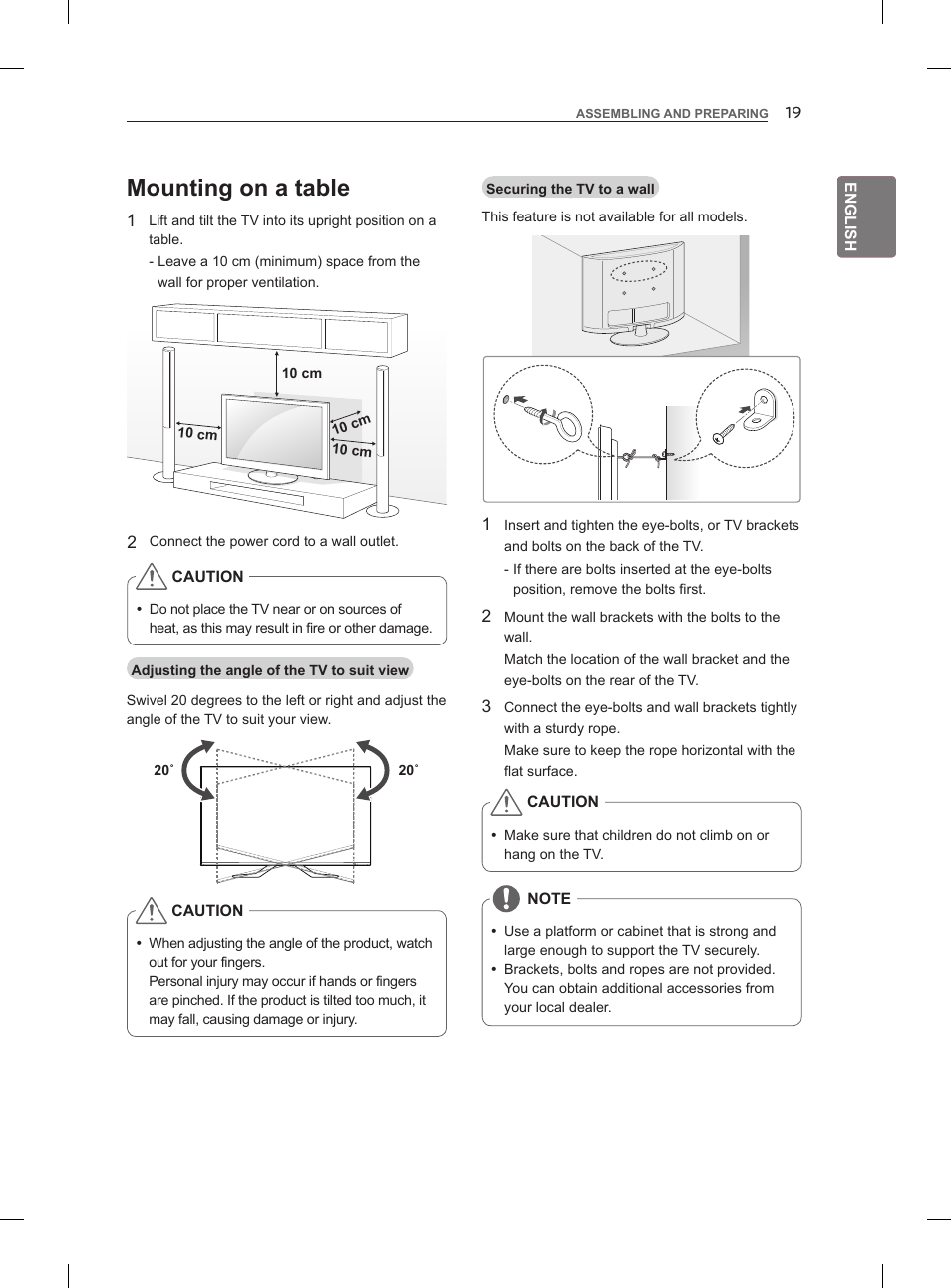 Mounting on a table | LG 55LM960V User Manual | Page 29 / 262