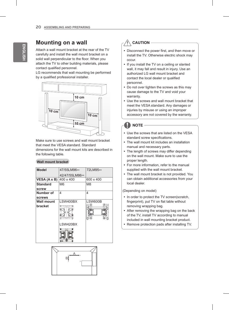 Mounting on a wall | LG 55LM960V User Manual | Page 30 / 262