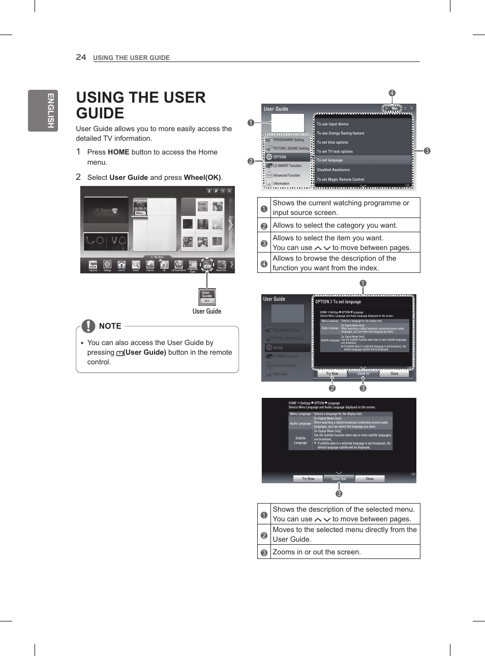 Using the user guide, English, Press home button to access the home menu | User guide | LG 55LM960V User Manual | Page 34 / 262