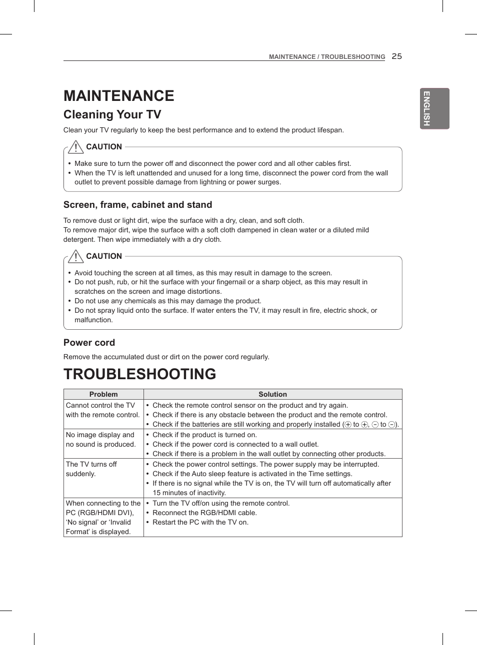 Troubleshooting, Maintenance, Cleaning your tv | LG 55LM960V User Manual | Page 35 / 262