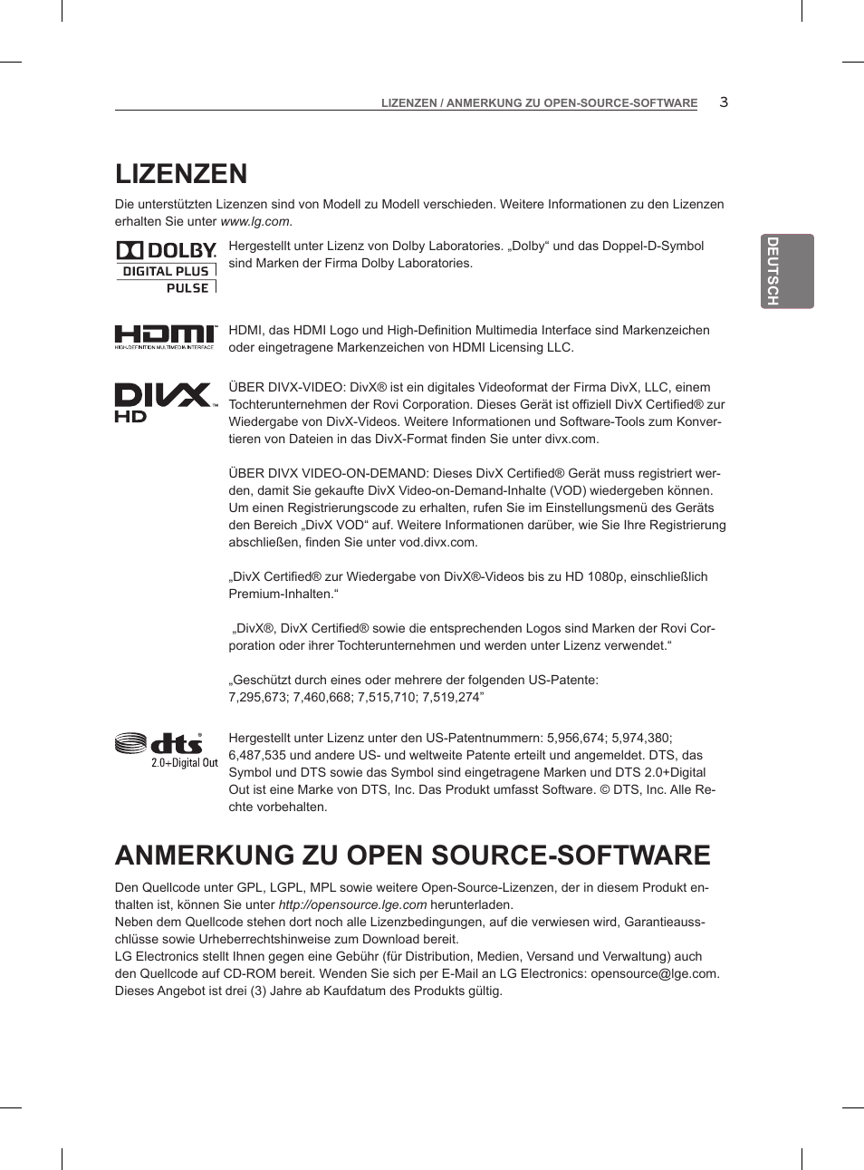 Lizenzen, Anmerkung zu open source-software | LG 55LM960V User Manual | Page 41 / 262