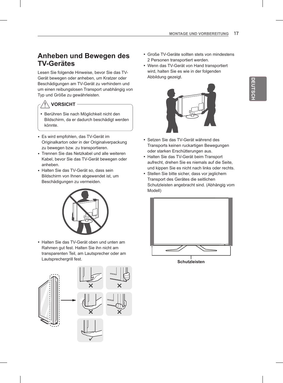 Anheben und bewegen des tv-gerätes | LG 55LM960V User Manual | Page 55 / 262