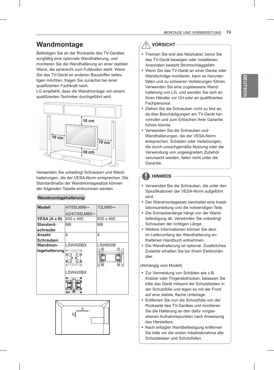 Wandmontage | LG 55LM960V User Manual | Page 57 / 262