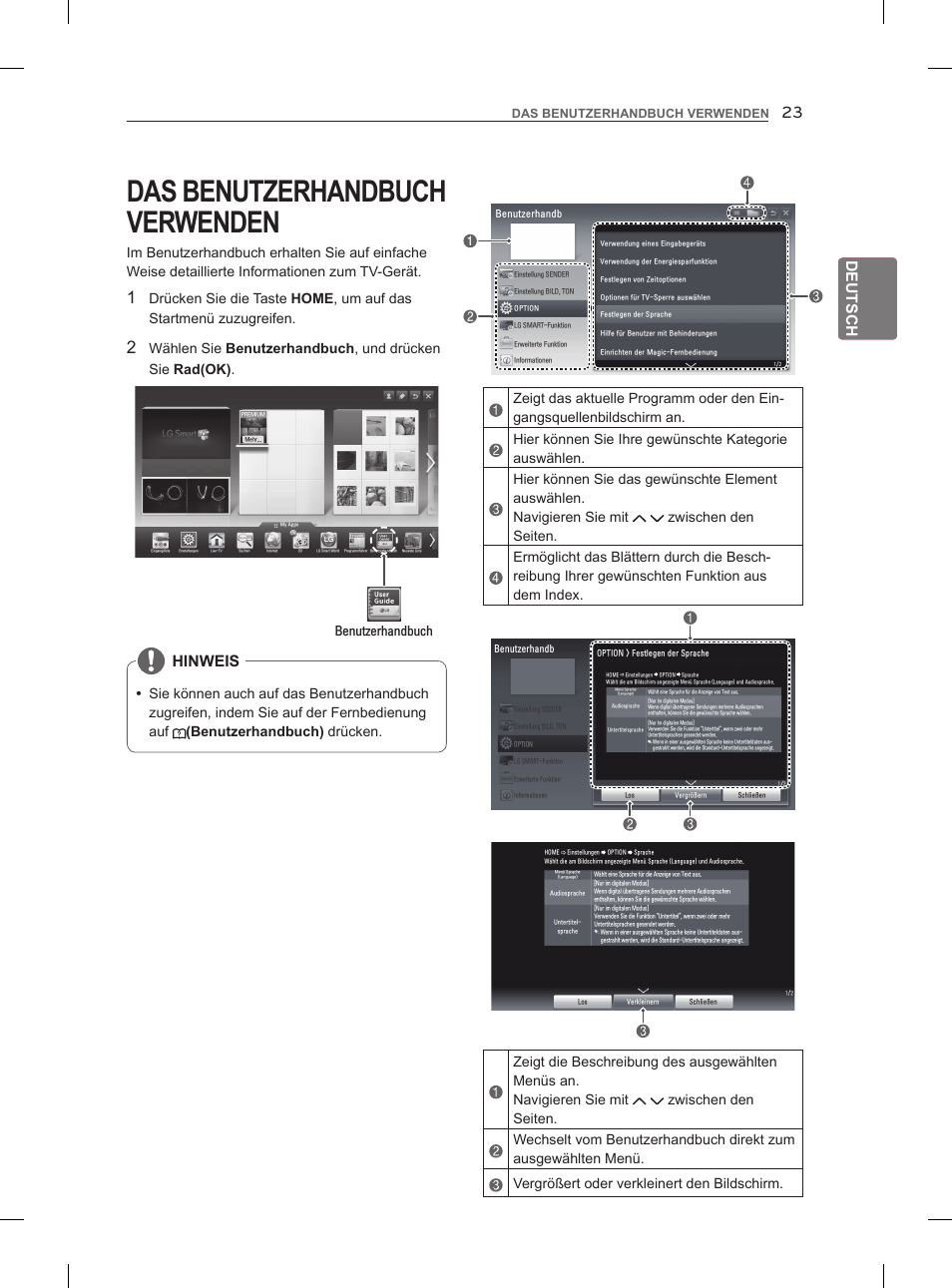 Das benutzerhandbuch verwenden, Deutsch, Hinweis | Benutzerhandbuch | LG 55LM960V User Manual | Page 61 / 262