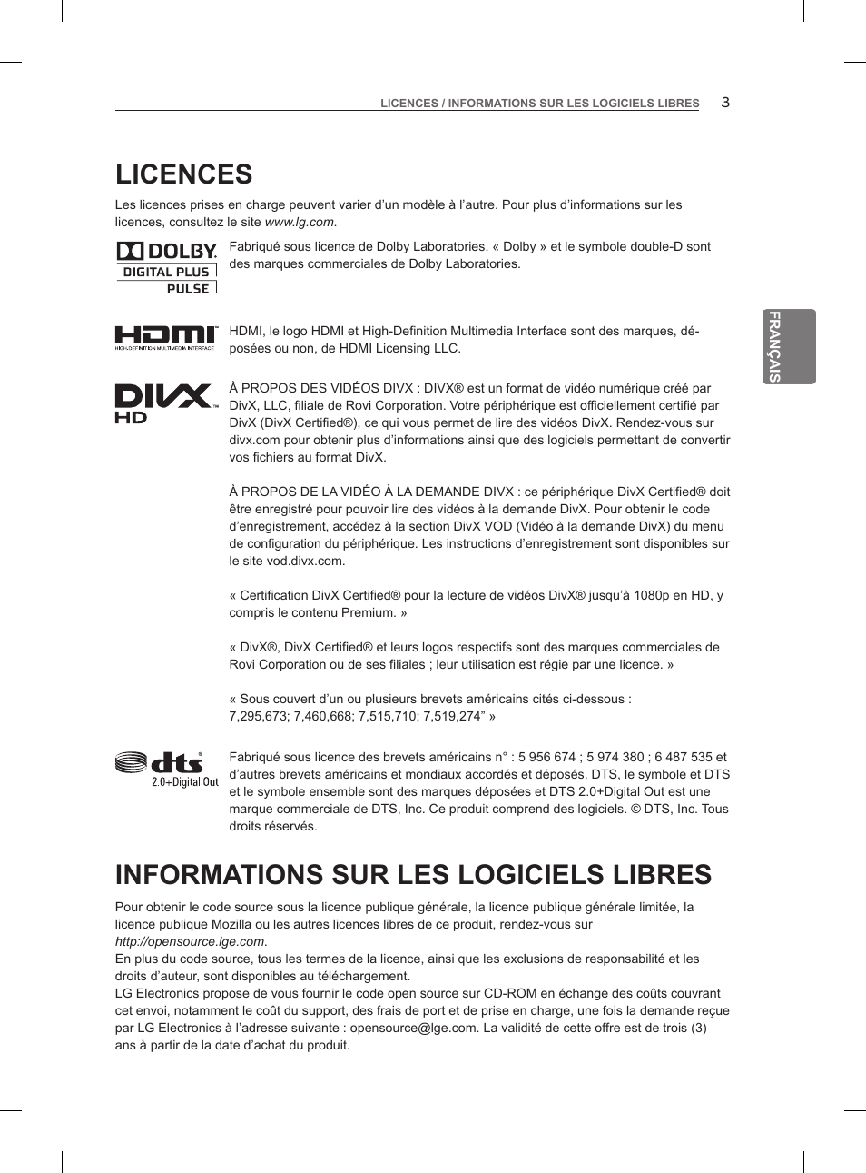 Licences, Informations sur les logiciels libres | LG 55LM960V User Manual | Page 67 / 262