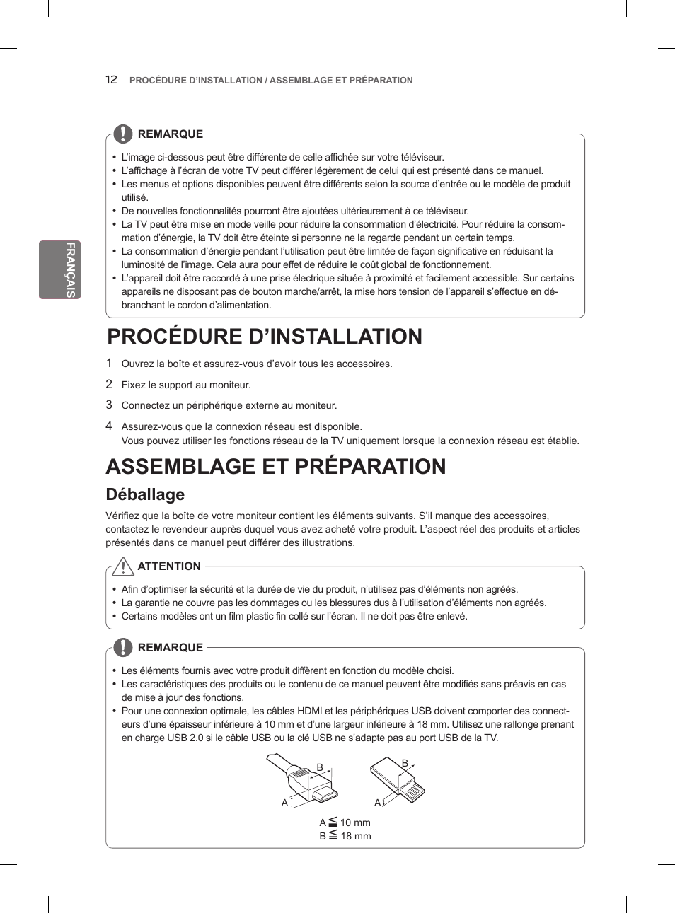 Procédure d’installation, Assemblage et préparation, Déballage | LG 55LM960V User Manual | Page 76 / 262