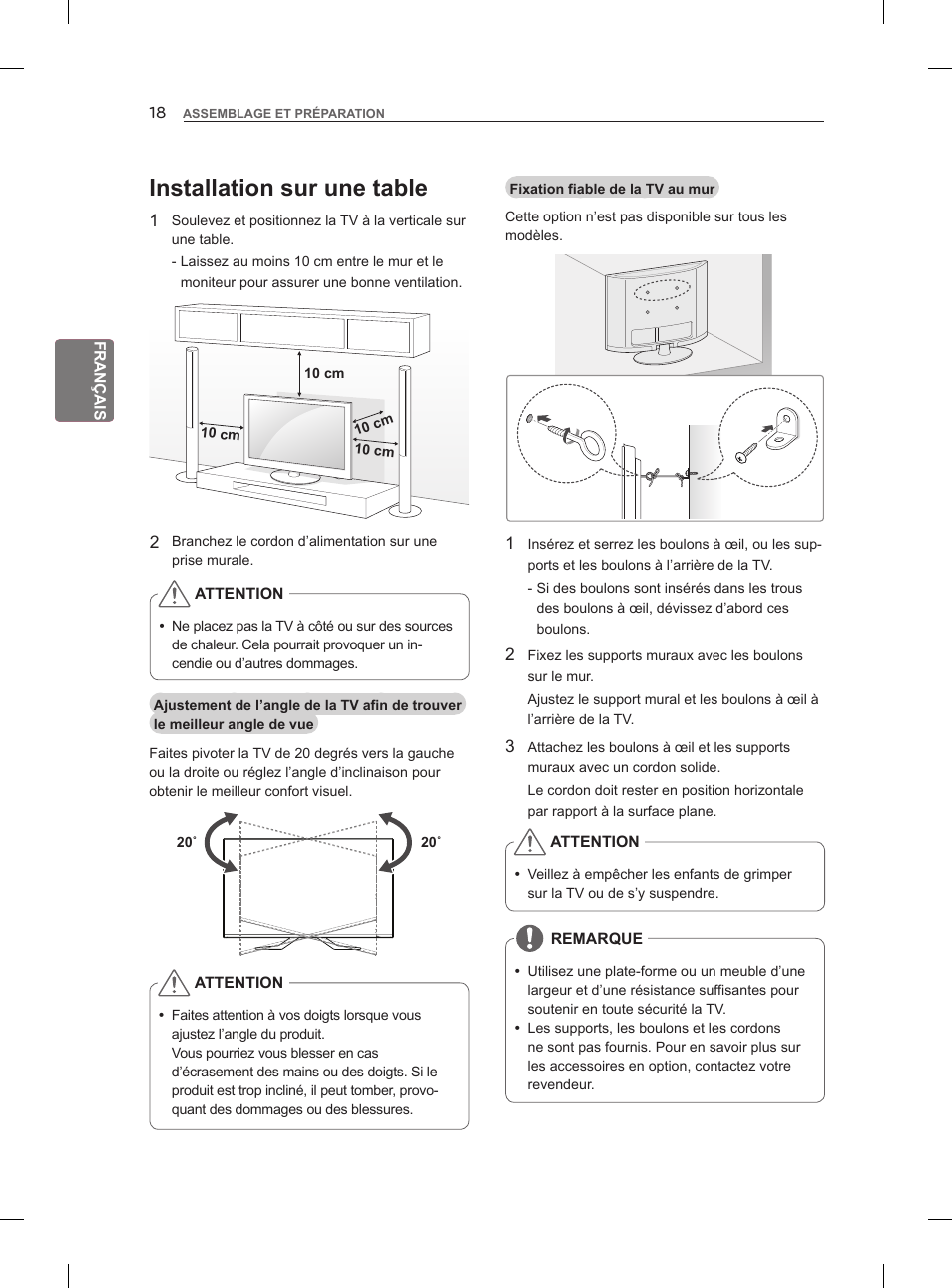 Installation sur une table | LG 55LM960V User Manual | Page 82 / 262