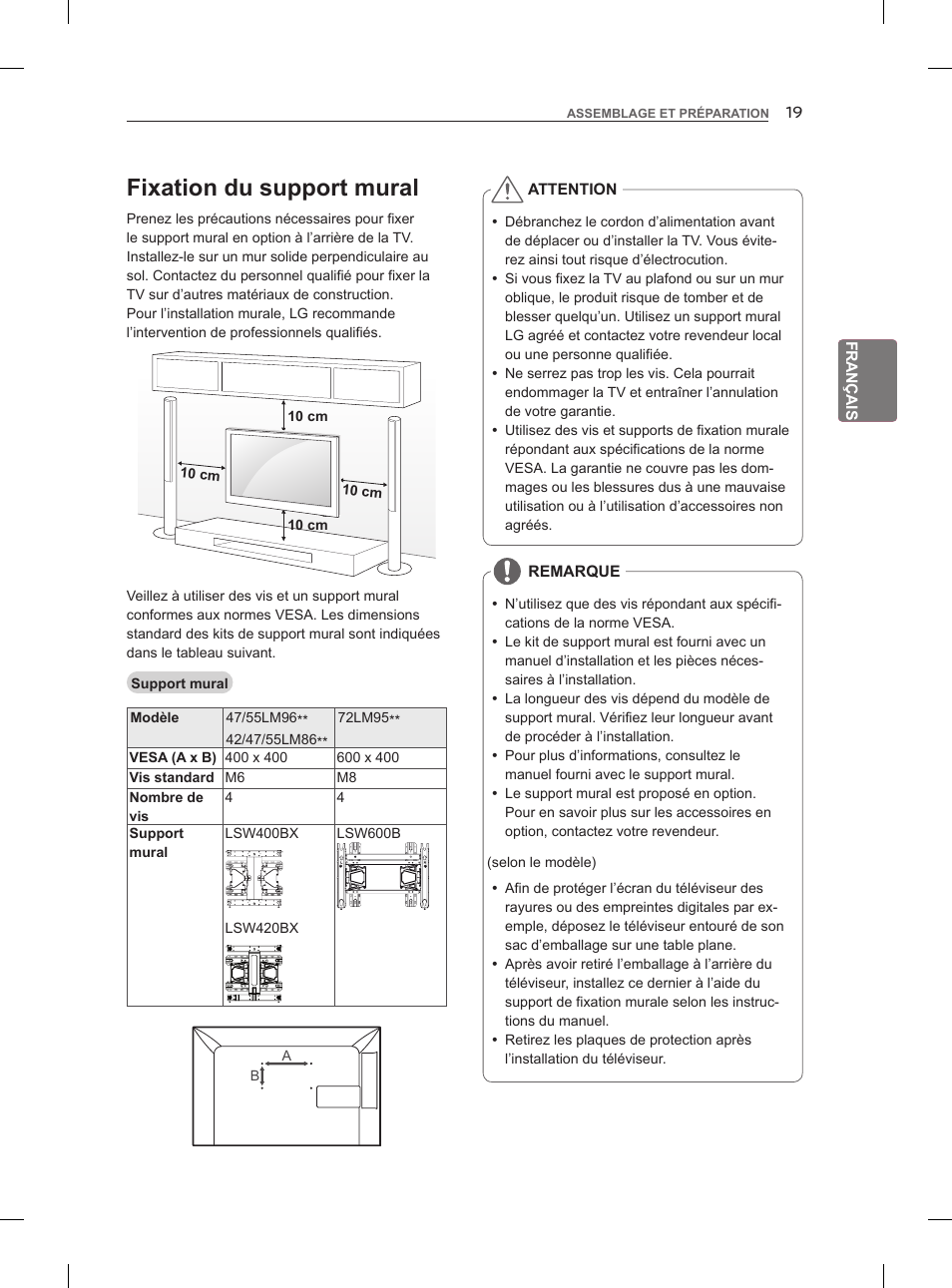 Fixation du support mural | LG 55LM960V User Manual | Page 83 / 262