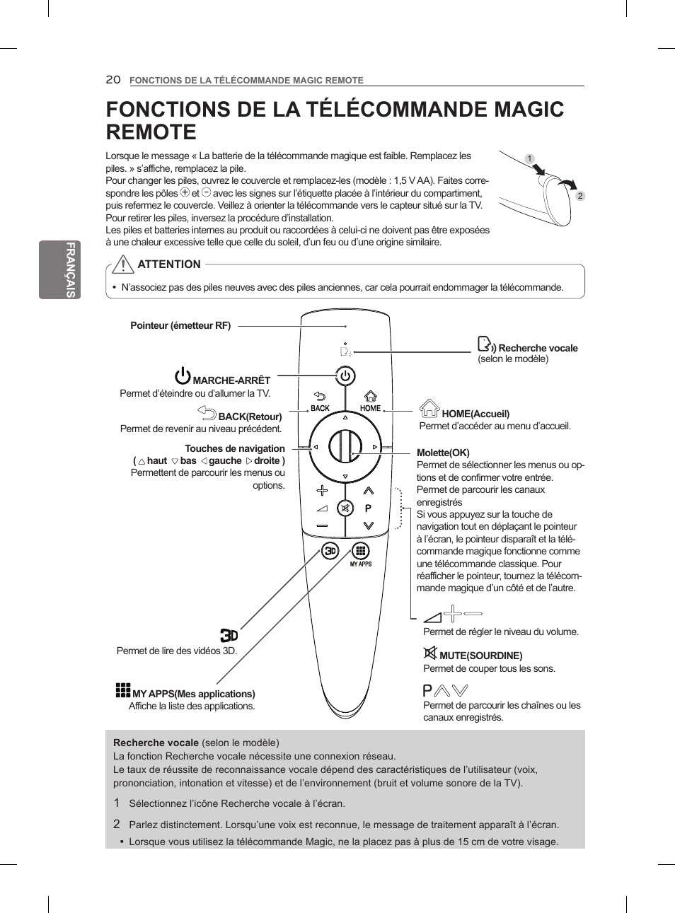 Fonctions de la télécommande magic remote | LG 55LM960V User Manual | Page 84 / 262