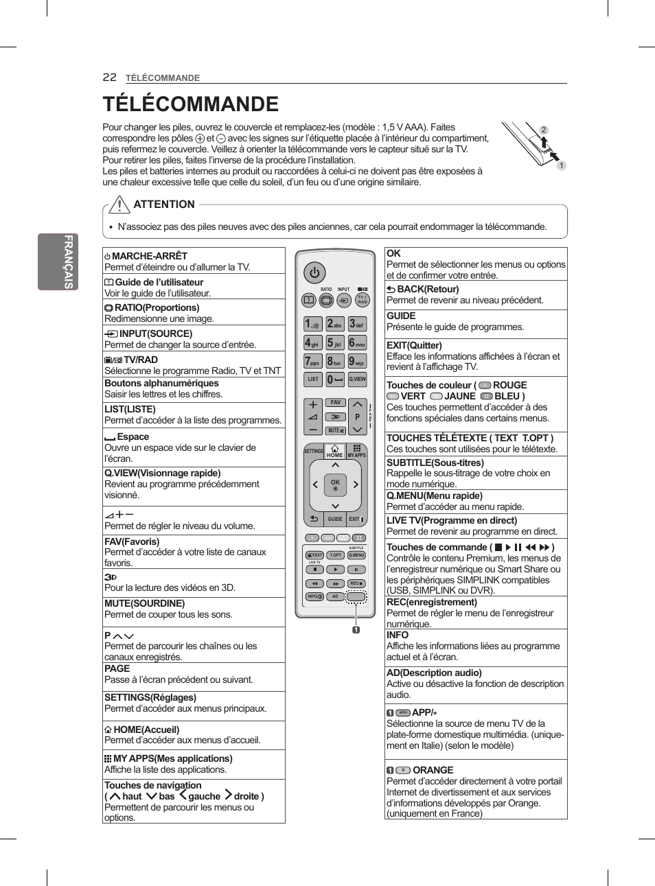 Télécommande | LG 55LM960V User Manual | Page 86 / 262