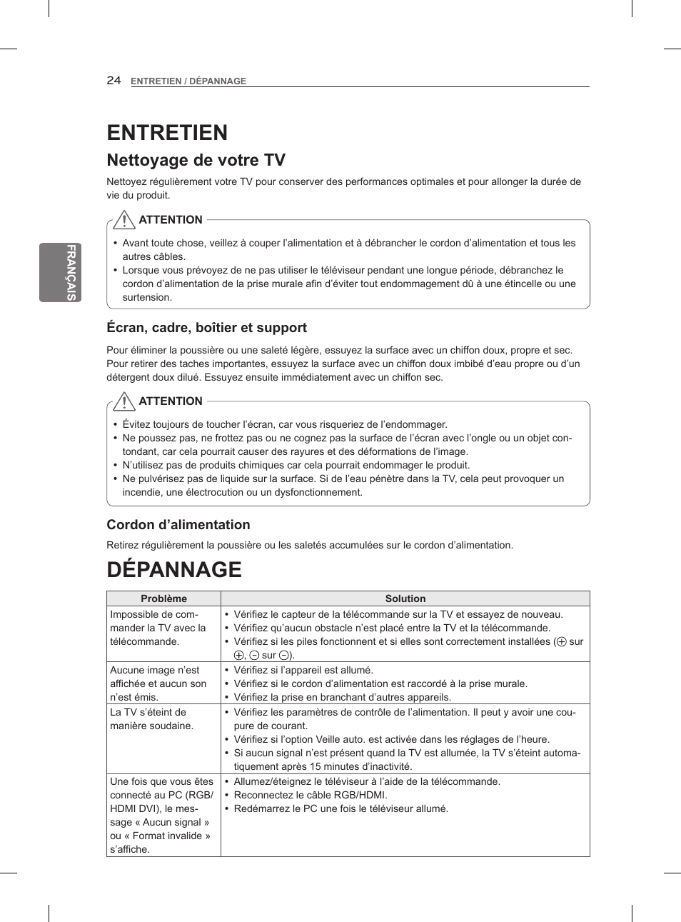 Dépannage, Entretien, Nettoyage de votre tv | LG 55LM960V User Manual | Page 88 / 262