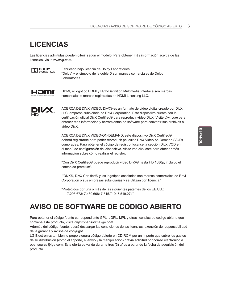 Licencias, Aviso de software de código abierto | LG 55LM615S User Manual | Page 111 / 261