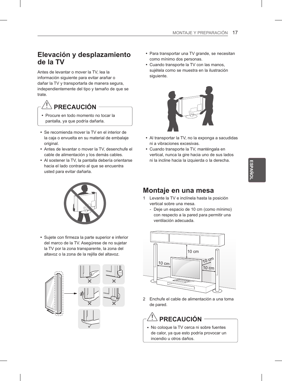 Elevación y desplazamiento de la tv, Montaje en una mesa, Precaución | LG 55LM615S User Manual | Page 125 / 261