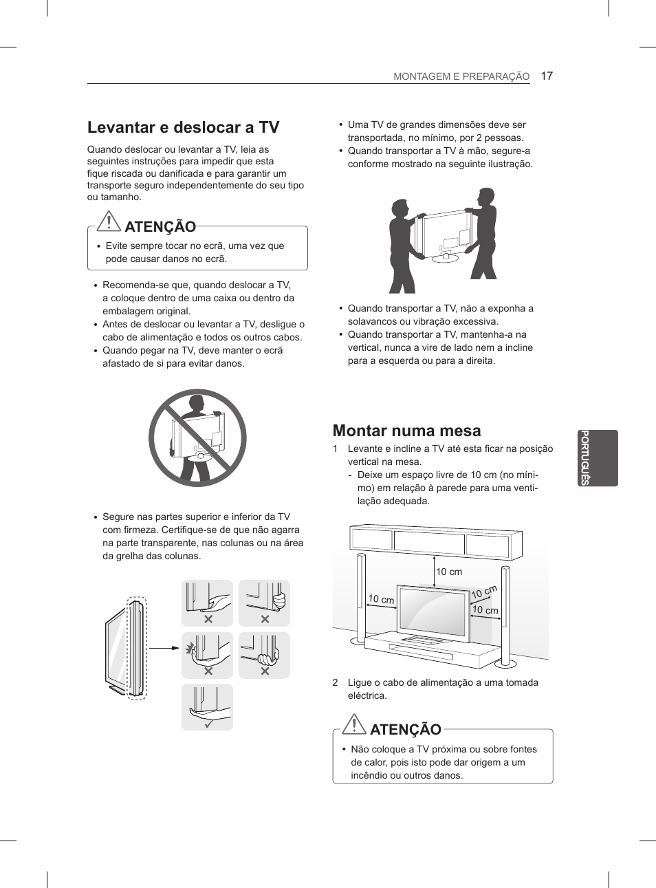 Levantar e deslocar a tv, Montar numa mesa, Atenção | LG 55LM615S User Manual | Page 149 / 261