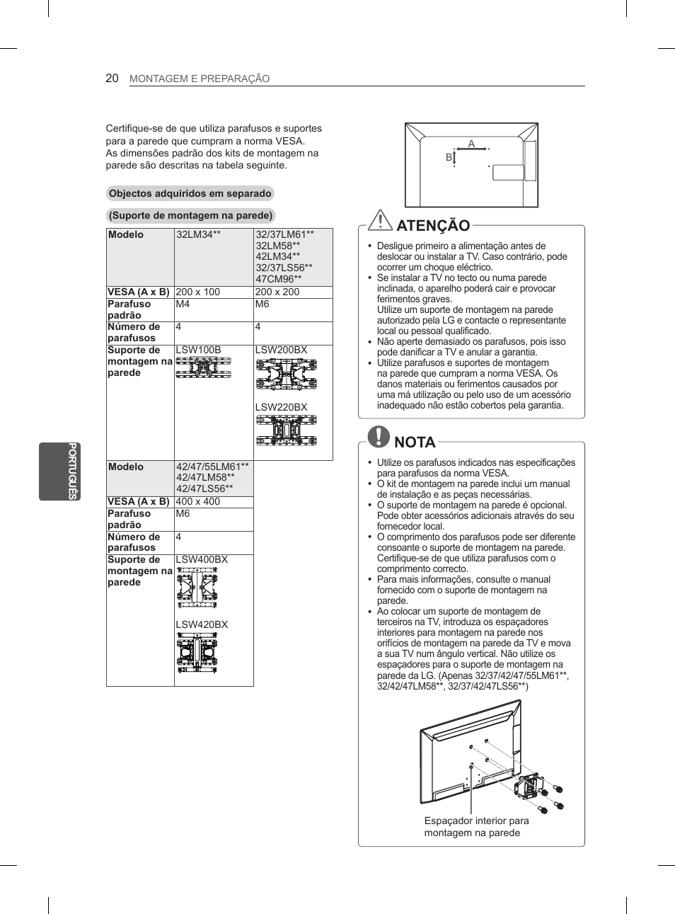 Atenção, Nota | LG 55LM615S User Manual | Page 152 / 261