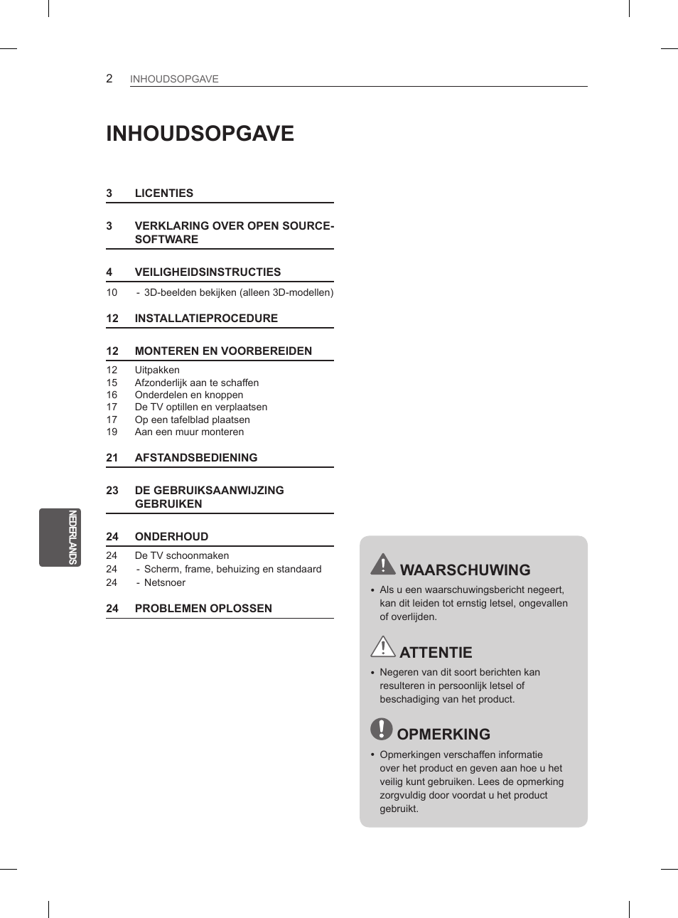 Inhoudsopgave, Waarschuwing, Attentie | Opmerking | LG 55LM615S User Manual | Page 158 / 261