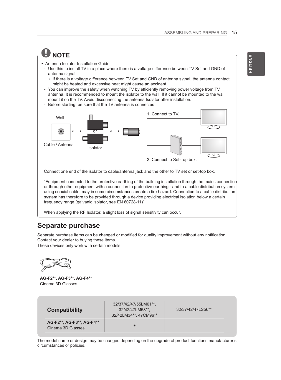 Separate purchase, Compatibility | LG 55LM615S User Manual | Page 21 / 261