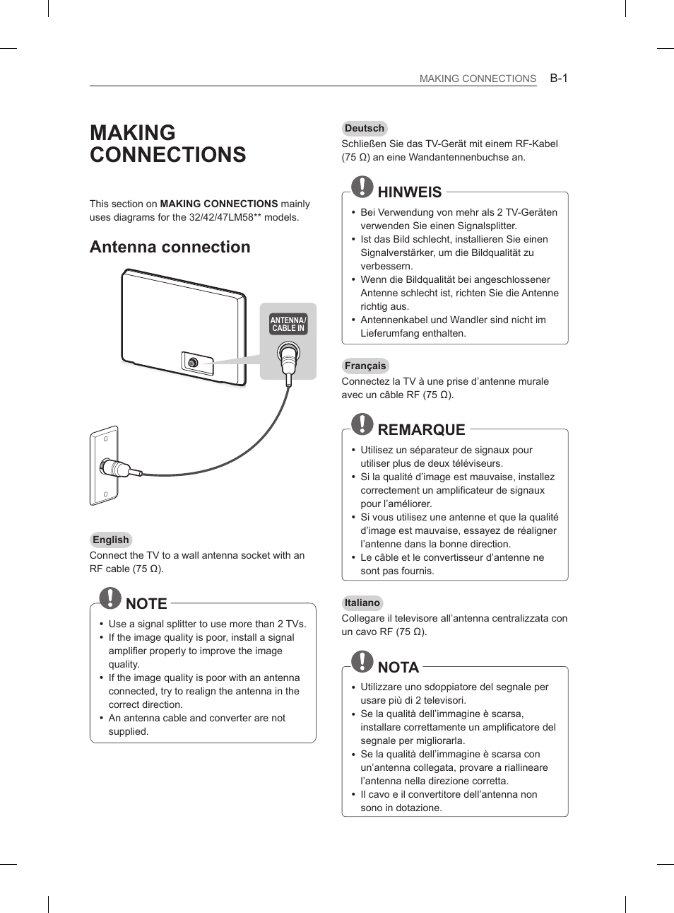 Making connections, Antenna connection, Hinweis | Remarque, Nota | LG 55LM615S User Manual | Page 229 / 261